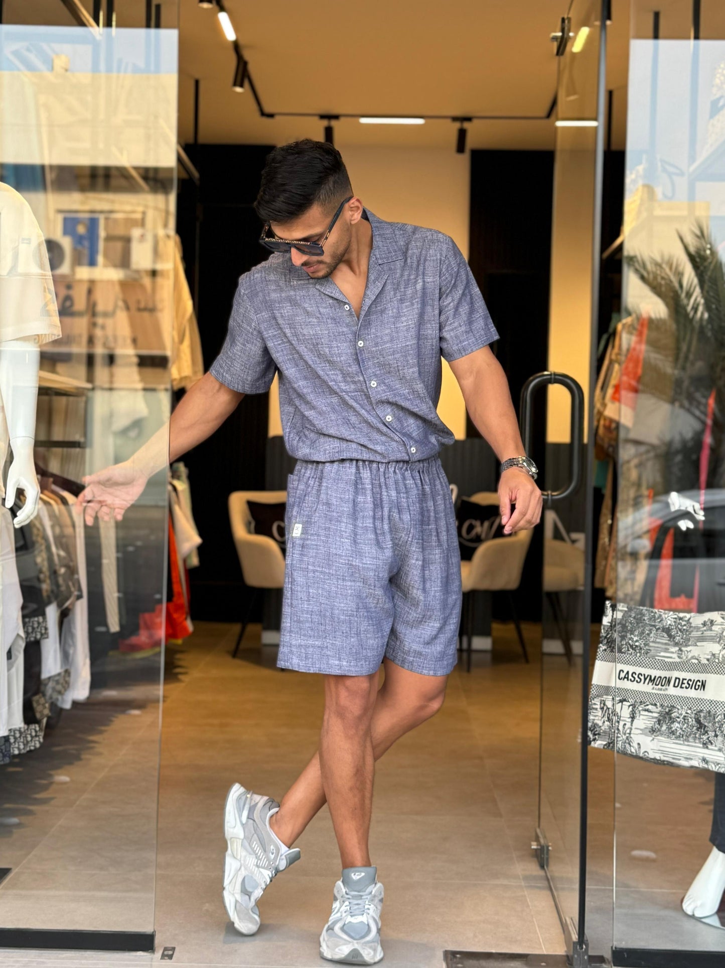 طقم لينن جينز أزرق غامق - شورت وقميص باكمام قصيرة