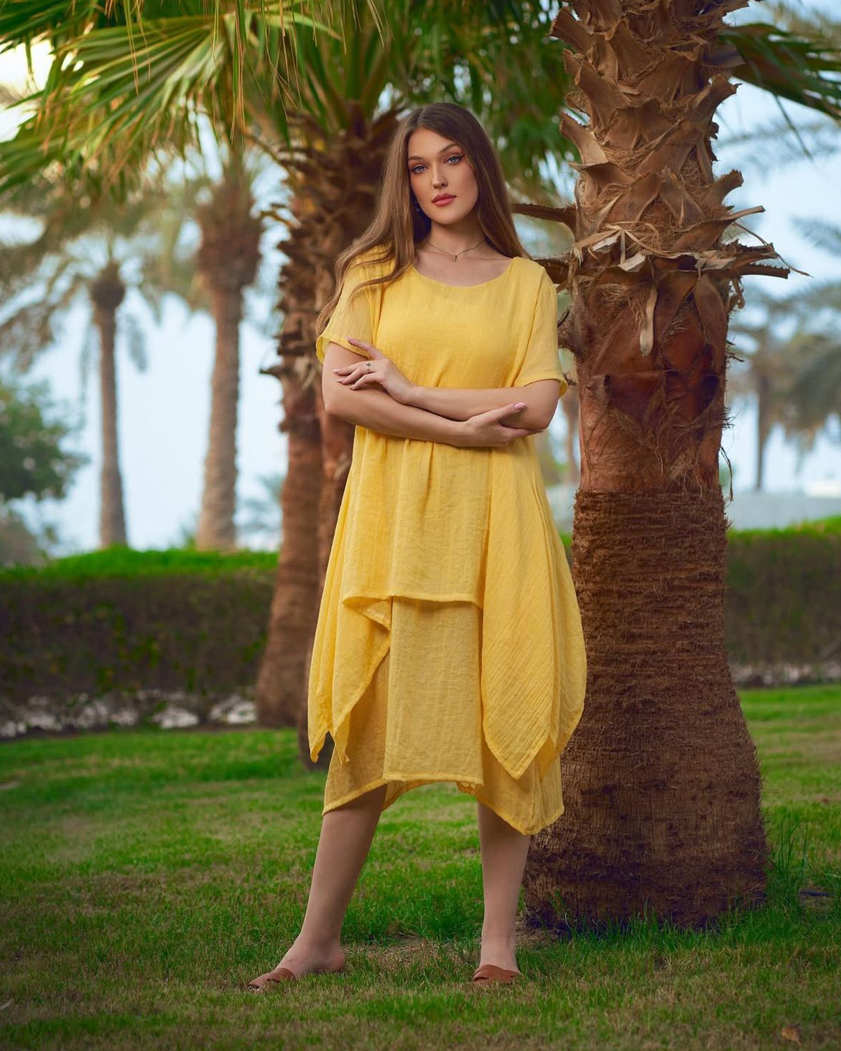 فستان لينن قطن بارد وأنيق بتصميم عصري دبل كلوش