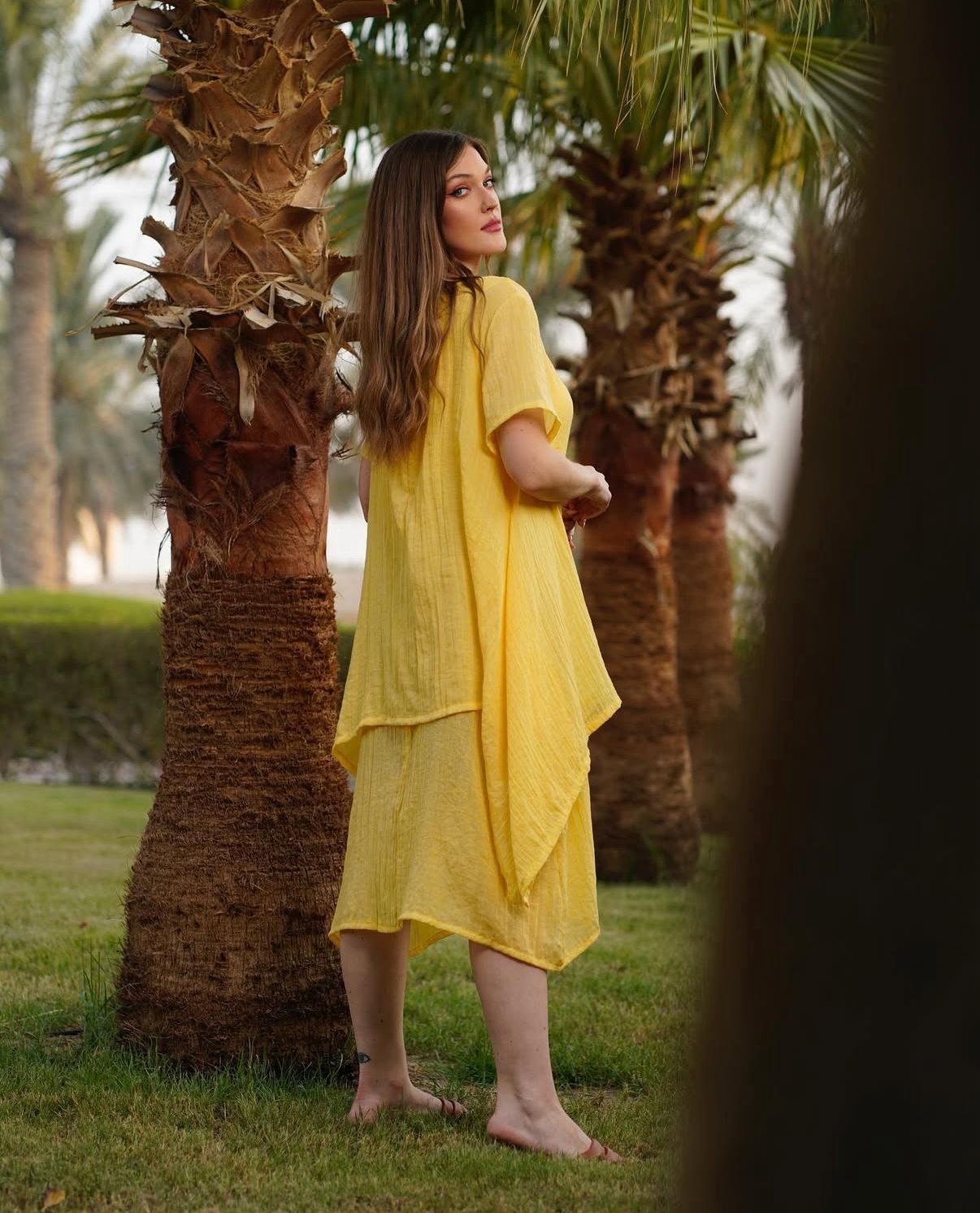 فستان لينن قطن بارد وأنيق بتصميم عصري دبل كلوش