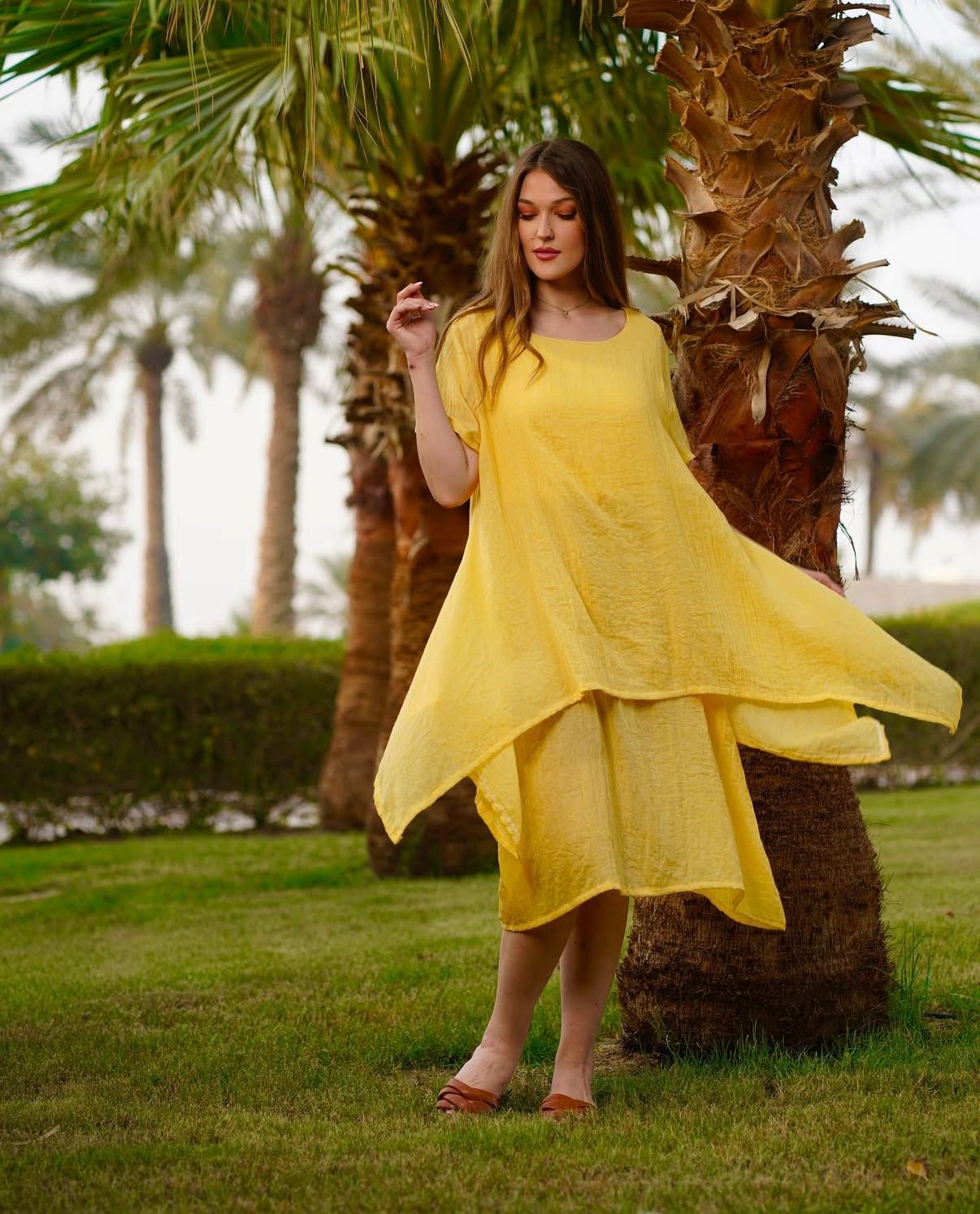 فستان لينن قطن بارد وأنيق بتصميم عصري دبل كلوش